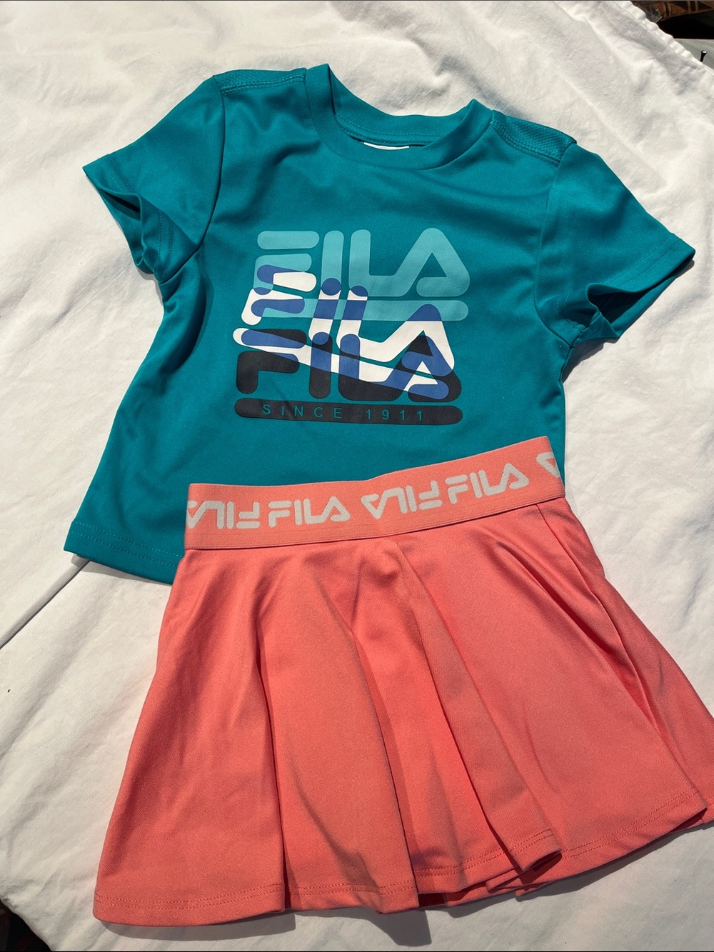 2T Fila Teal Logo Tee with Coral Pleated Skirt